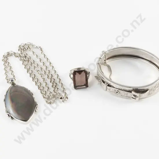 S/S Engraved Hinged Snap Bangle and Rose Quartz Dress Ring