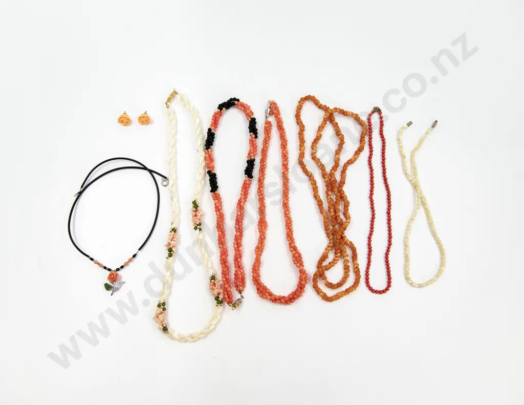 Five Coral Beaded Necklaces with Earrings and Two MOP Necklaces Image 1++
