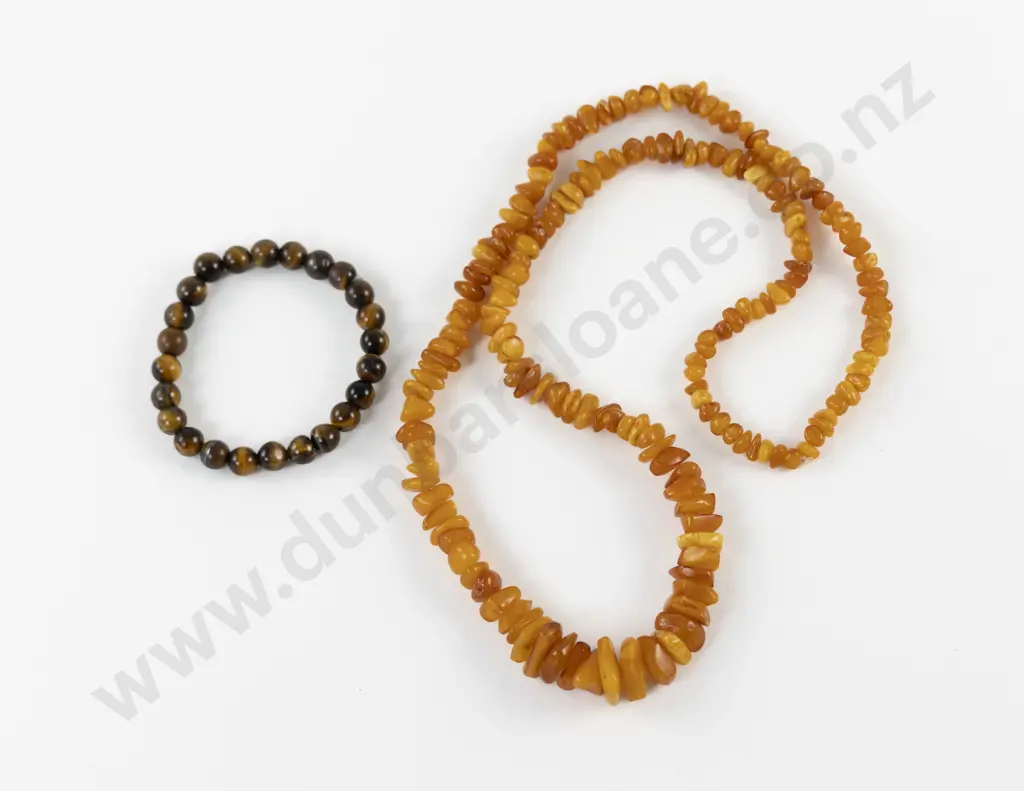 Single Strand Graduated Polished Amber Necklace with Tiger Eye Bracelet Image 1++