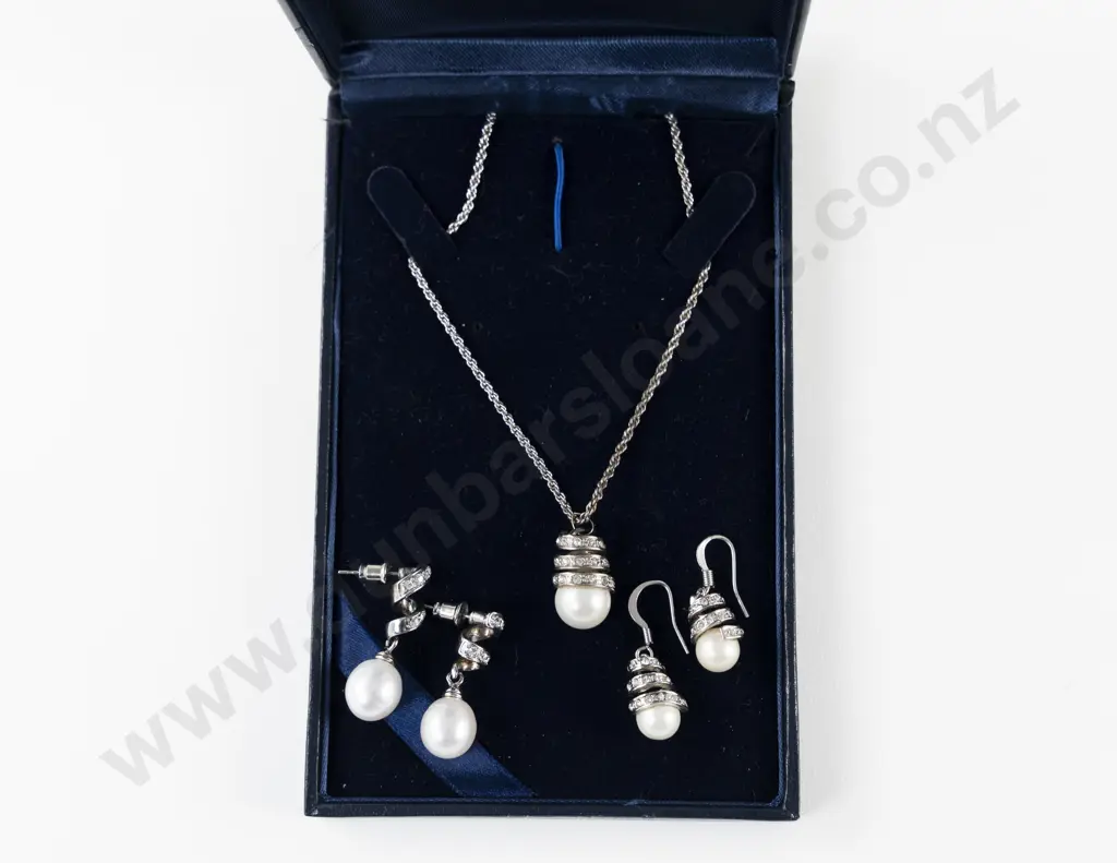 Single Bead Pearl and Crystal Pendant with Two Pair Matching Earrings Image 1++