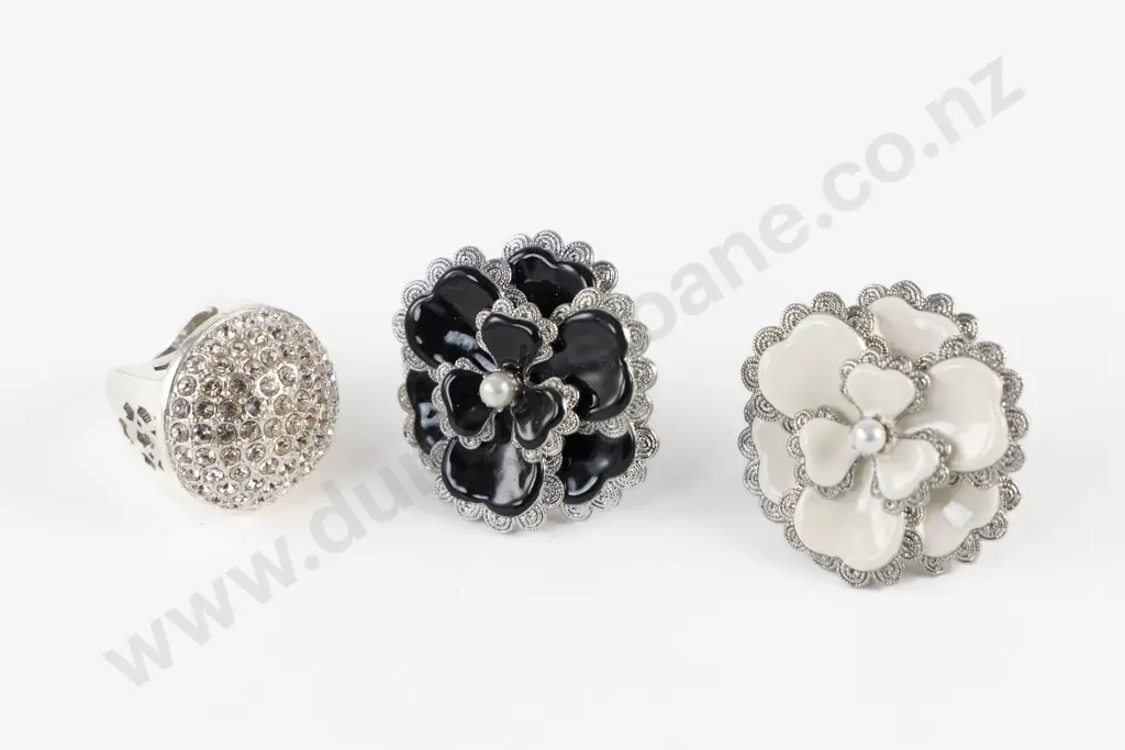 Two Mimco Camellia Flower Dress Rings and Diamanté Dress Ring Image 1++