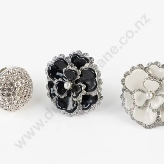 Two Mimco Camellia Flower Dress Rings and Diamanté Dress Ring