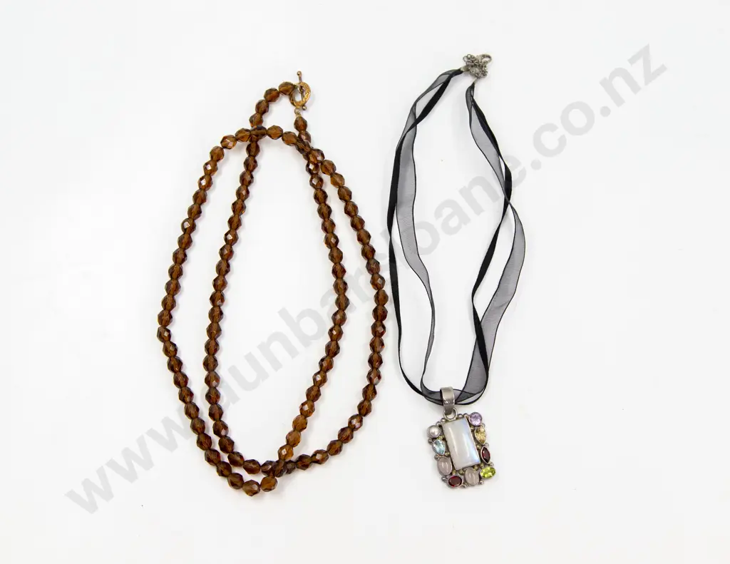 Single Strand Crystal Bead Necklace and S/S Multi-Coloured Gem Pendant Image 1++
