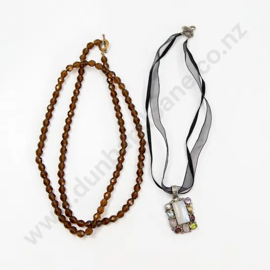Single Strand Crystal Bead Necklace and S/S Multi-Coloured Gem Pendant