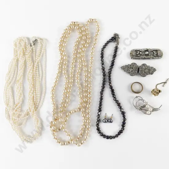 Single Strand Black Fresh Water Pearl Necklace and Pair Earrings