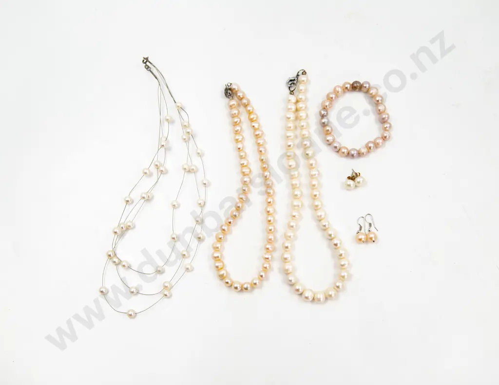 Three Fresh Water Pearl Necklaces Bracelet and Two Pair Earrings Image 1++
