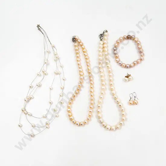 Three Fresh Water Pearl Necklaces Bracelet and Two Pair Earrings