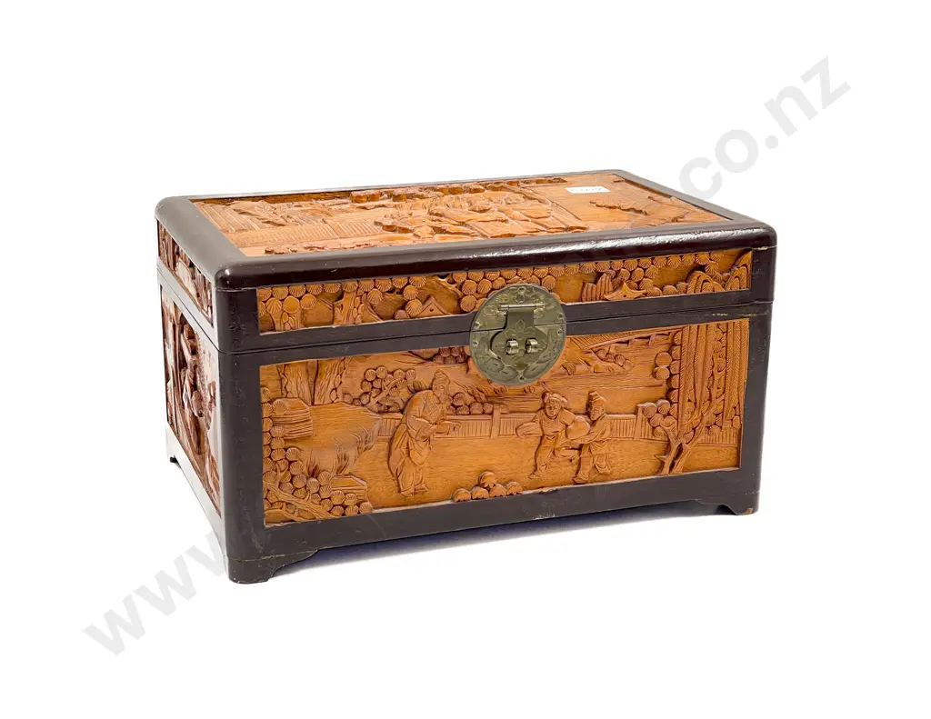 Qty Vintage Buttons in small carved camphor-wood box Image 1++