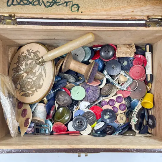 Qty Vintage Buttons in small carved camphor-wood box