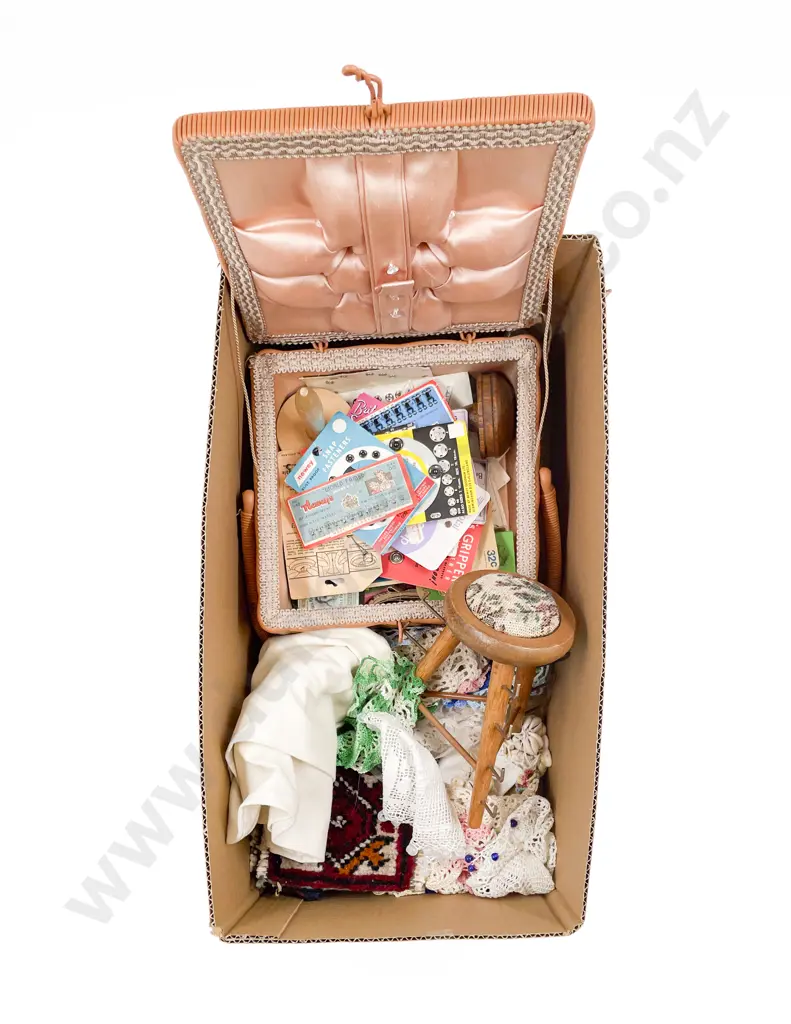 Vintage Sewing Basket with Carded Dress Making Accessories Image 1++