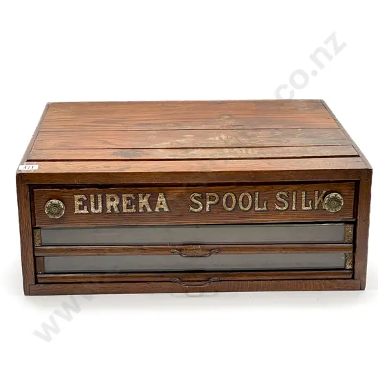 Early C20th Oak Eureka Spool Silk Three Drawer Retail Bench Top Cabinet