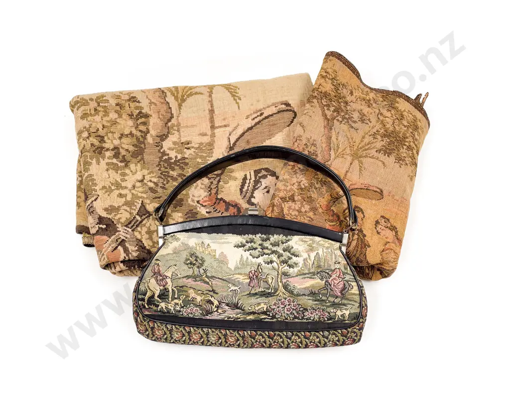 Two Vintage Machine Woven Tapestry Panels and Tapestry Purse Image 1++