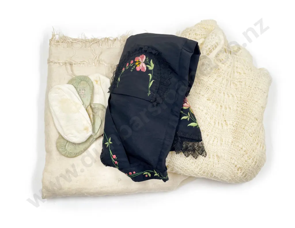Victorian Fine Wool Shawl with Crocheted Cot Cover Booties and Black Embroidered Apron Image 1++