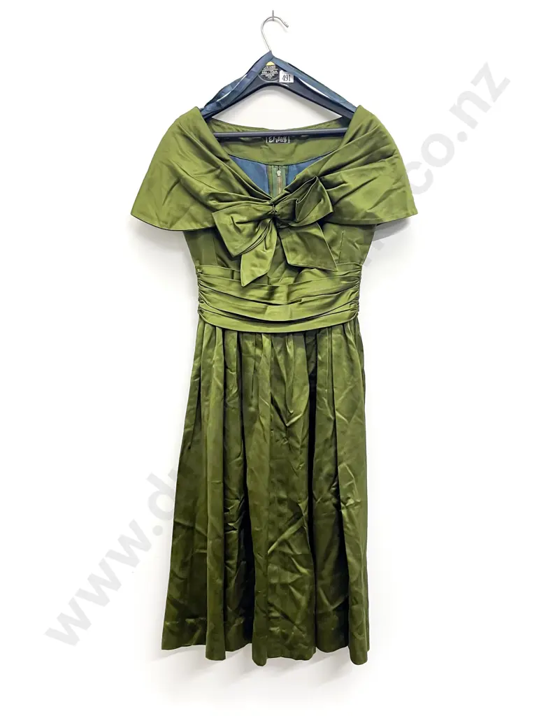 C1960s EL-Jay Green Satin Cocktail Dress Image 1++