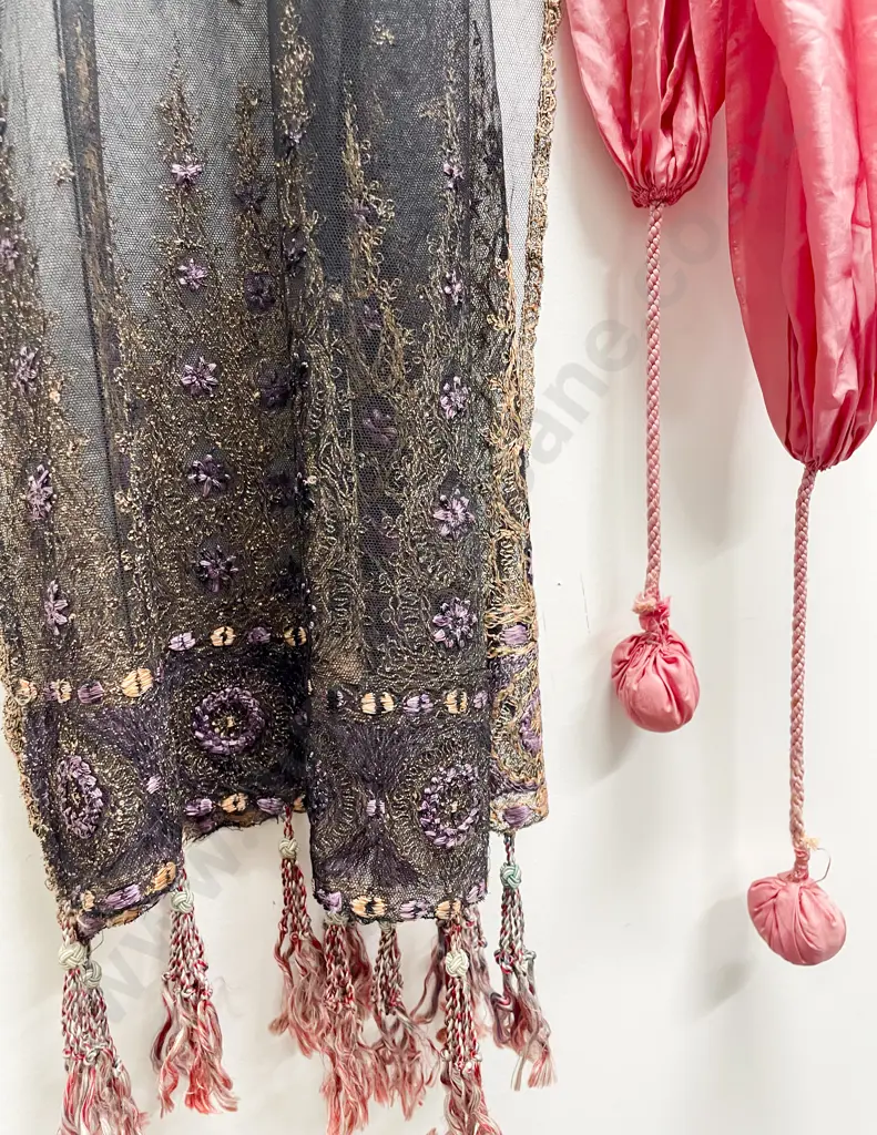 Early C19th Pink Silk Shawl and Black Net Lace Shawl Image 1++