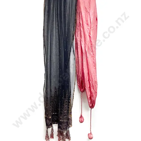 Early C19th Pink Silk Shawl and Black Net Lace Shawl