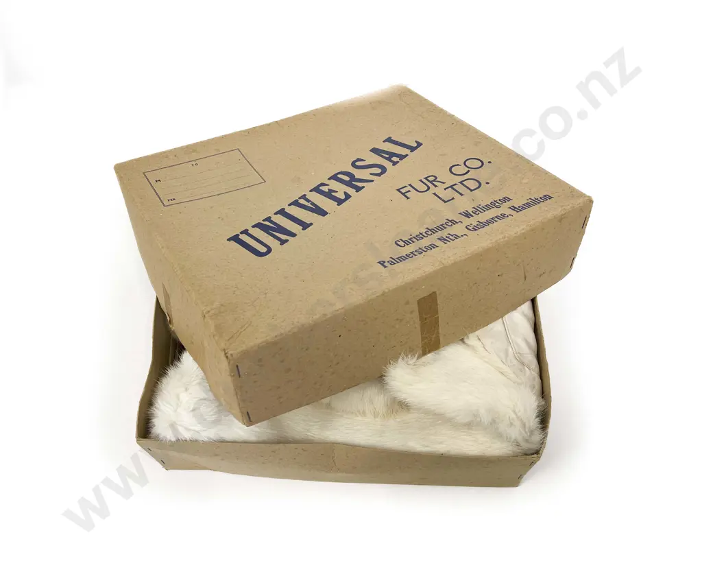 Vintage White Fur Shoulder Cape with Muff and Hat in Universal Fur Co Ltd Packaging Box Image 1++