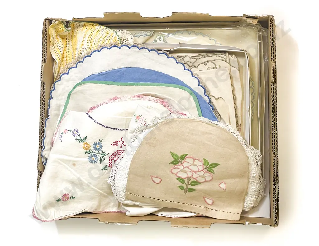 Unused Irish Linen Afternoon Tea Table Setting together Collection Embroidered Tea Cosies Image 1++