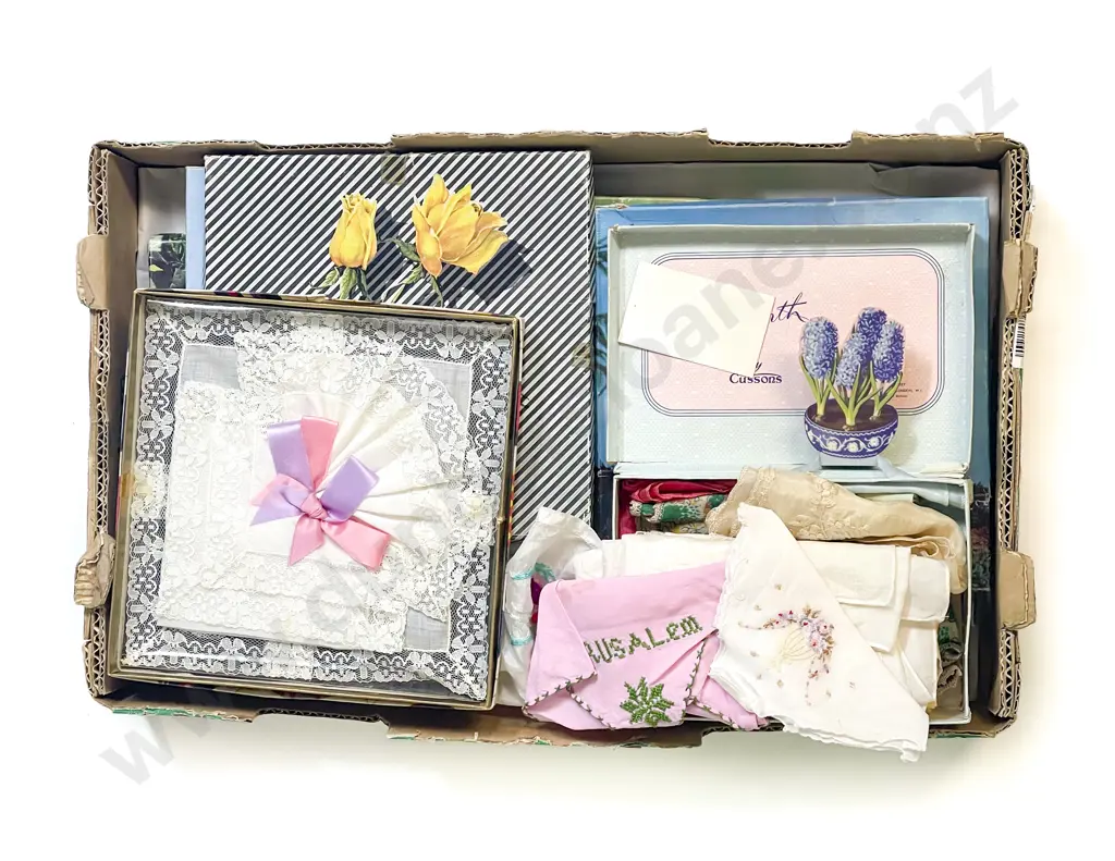 Vintage Eight Original Boxed Handkerchiefs and Loose Assorted Image 1++