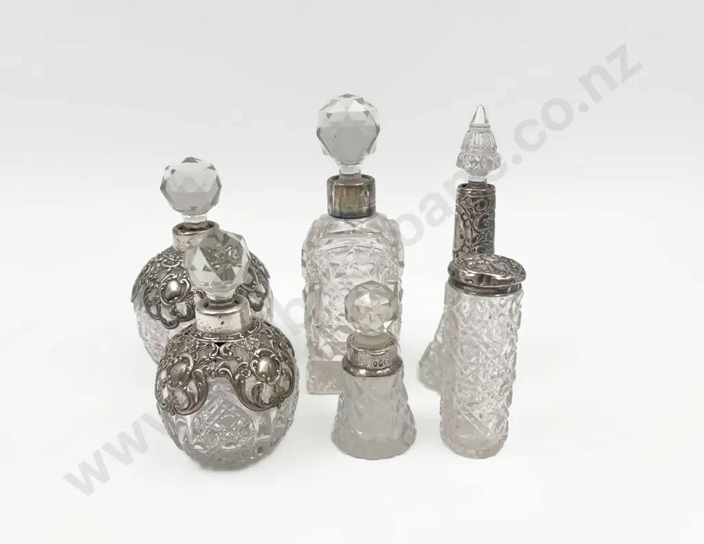Five Silver Collared Scent Bottles together with S/S Topped Vanity Jar Image 1++