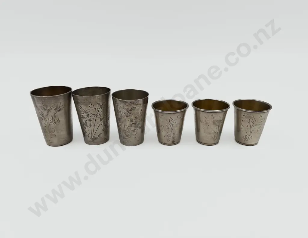 Six Assorted Silver Nip Cups Image 1++