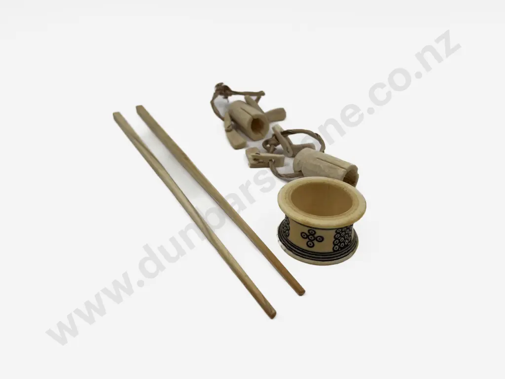 Pair Ivory Chopsticks Napkin Ring and Pair Bone Bells Image 1++