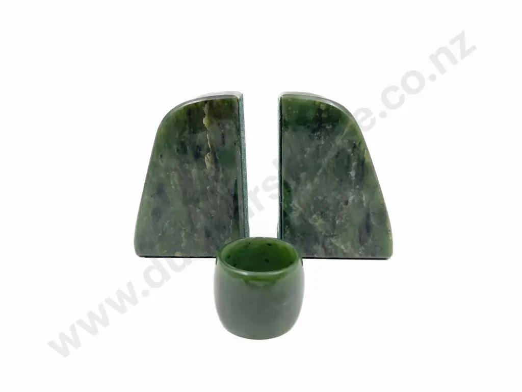 Pair of Greenstone Bookends together with Napkin Ring Image 1++