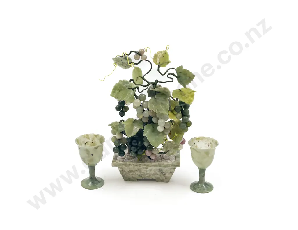Pair of Small Jade Goblets together with Soapstone Grapevine Ornament Image 1++