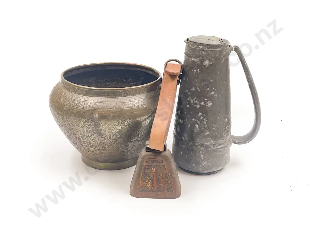 Box of Assorted incl Brass Jardiniere & Cow Bell etc Image 1++