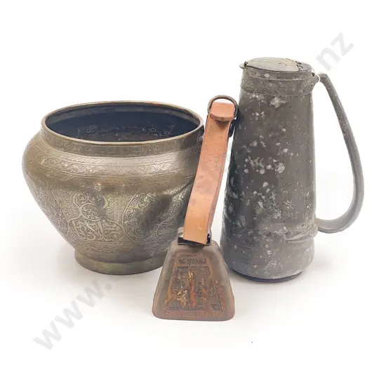 Box of Assorted incl Brass Jardiniere & Cow Bell etc
