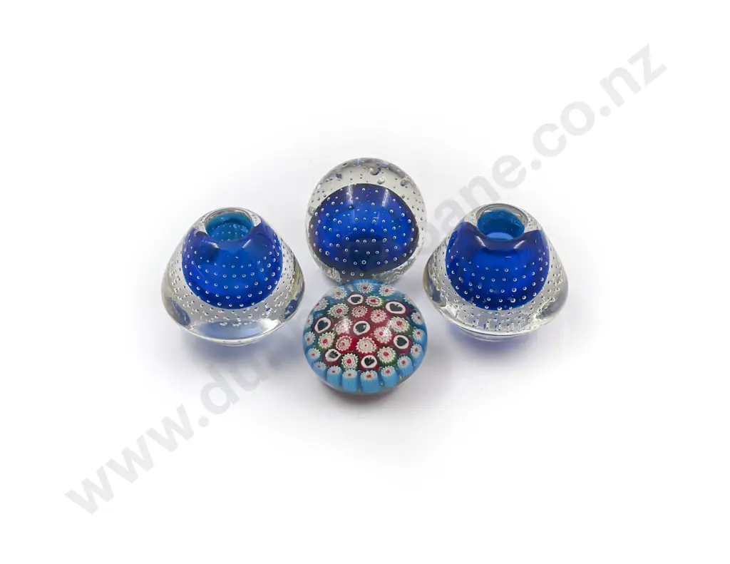 Two Art Glass Paperweights & Pair of Art Glass Candle Holders Image 1++