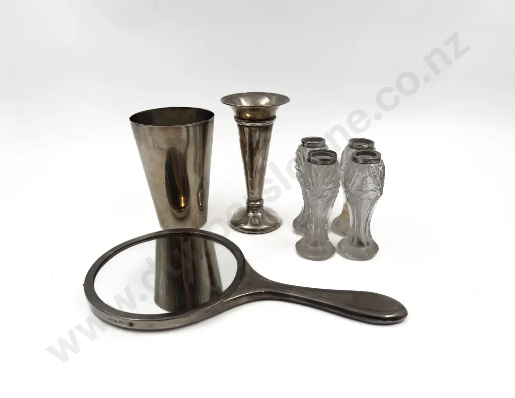 S/S Vase & Hand Mirror with Four Small S/S Collared Vases & Other Image 1++