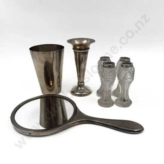 S/S Vase & Hand Mirror with Four Small S/S Collared Vases & Other