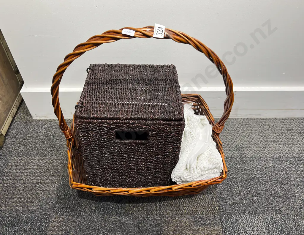 Cane Basket and Rattan Storage Box together with Assorted Linen Image 1++