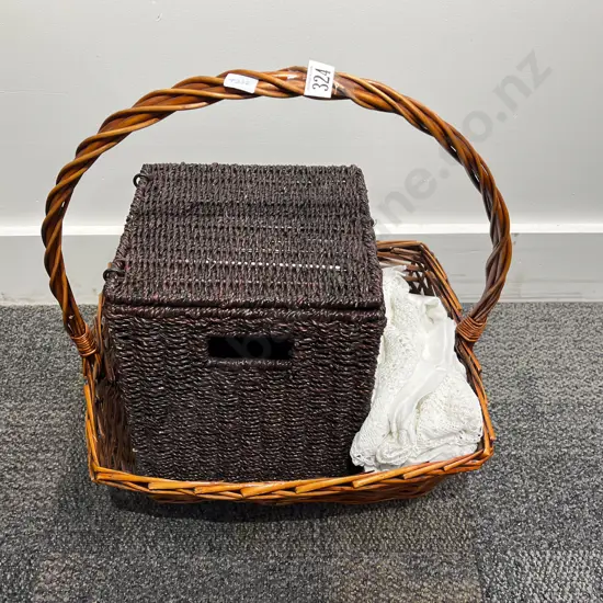 Cane Basket and Rattan Storage Box together with Assorted Linen