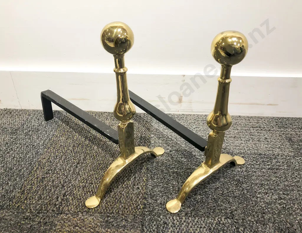 Mesh Fire Screen together with Pair of Brass Fire Dogs Image 1++
