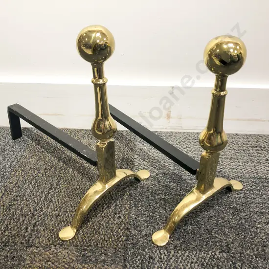 Mesh Fire Screen together with Pair of Brass Fire Dogs