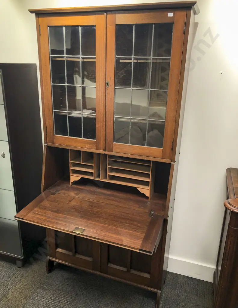 Oak Bookcase Writing Bureau with Lead Light Doors Image 1++