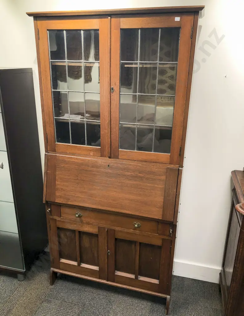 Oak Bookcase Writing Bureau with Lead Light Doors Image 1++