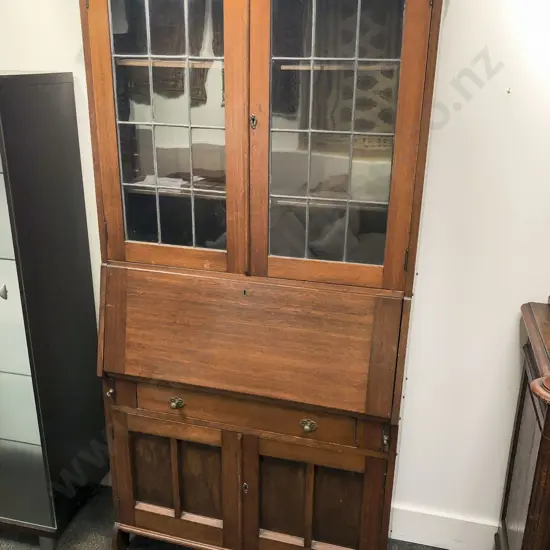 Oak Bookcase Writing Bureau with Lead Light Doors