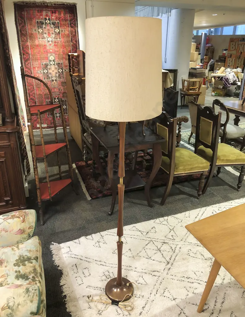 Mid Century Standard Lamp with Tapered Wood and Brass Support Beam Image 1++