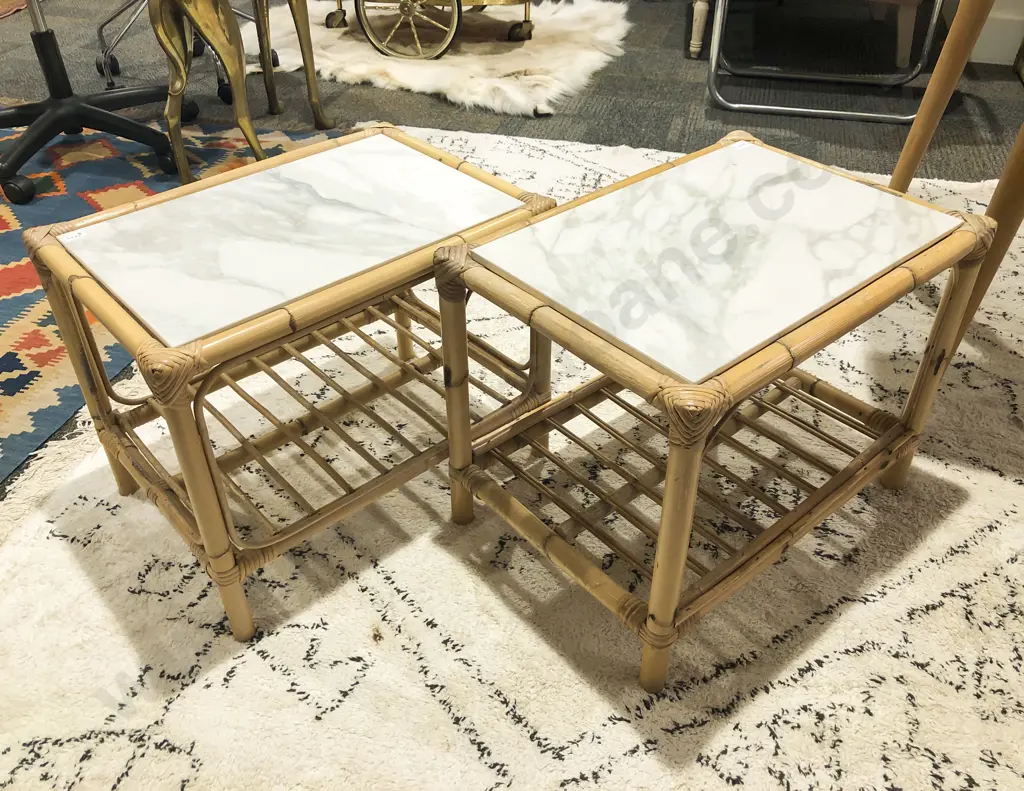 Pair of Cane Coffee Tables with Marble Insert Tops Image 1++