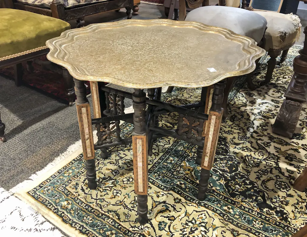 Indian Brass Tray Top Table with MOP Inlay to Base Image 1++