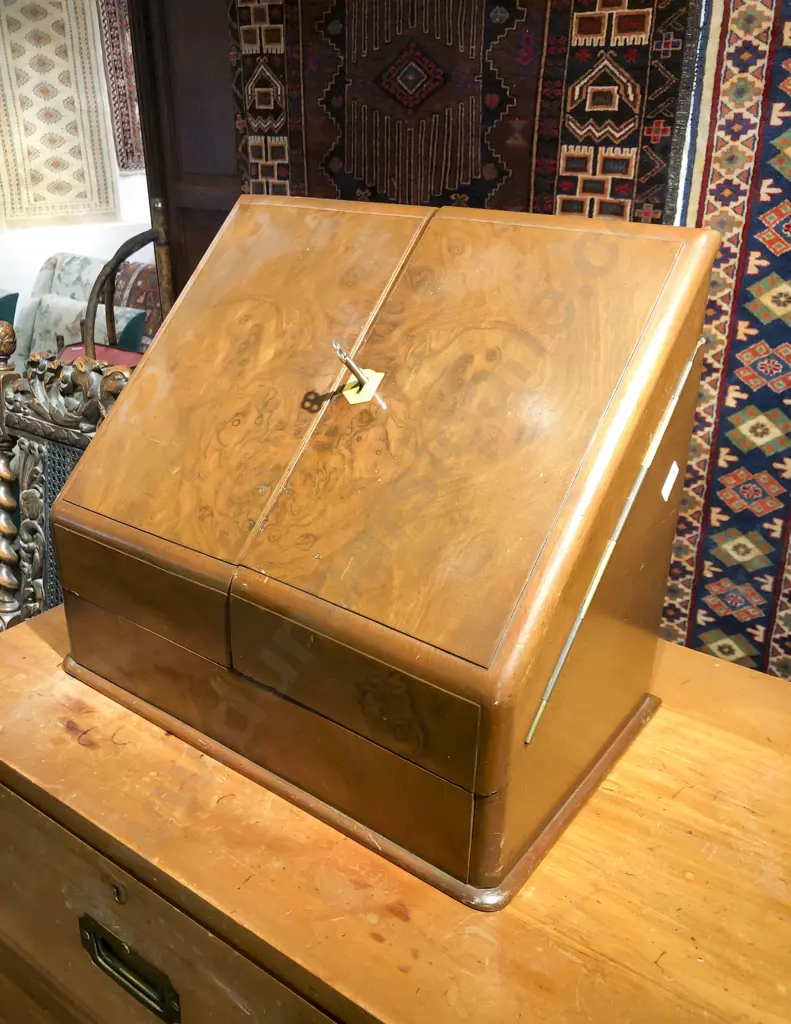 Victorian Figured Walnut Wedge Shaped Stationary Box Image 1++