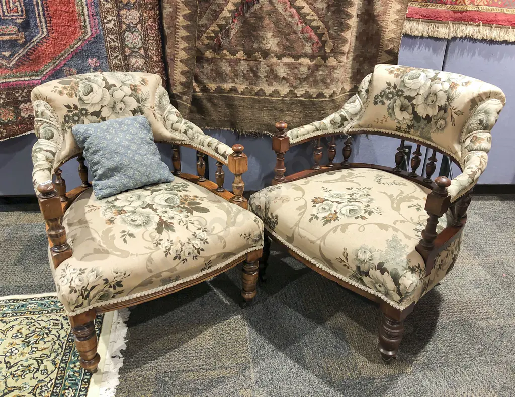 Pair of Floral Upholstered Spindle Back Tub Chairs Image 1++