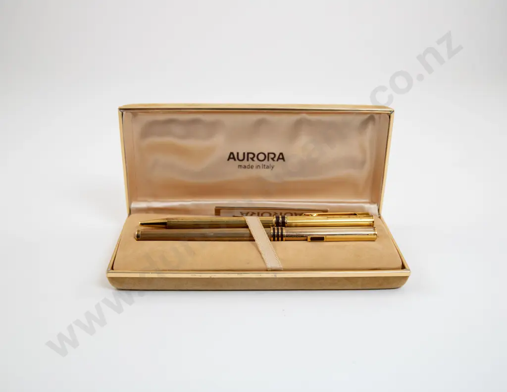 Aurora Slimline Marco Polo 925 Silver Gilt Fountain Pen and Ballpoint Pen Image 1++