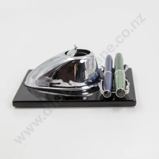 Art Deco Ranleigh Vitrolite Glass Chrome Inkwell Desk Stand
