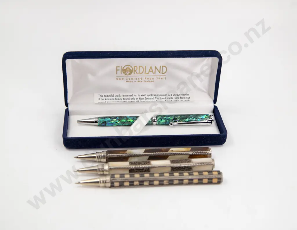 Fiordland Paua Shell Ball-Point Pen and Three Wood and MOP Pens Image 1++