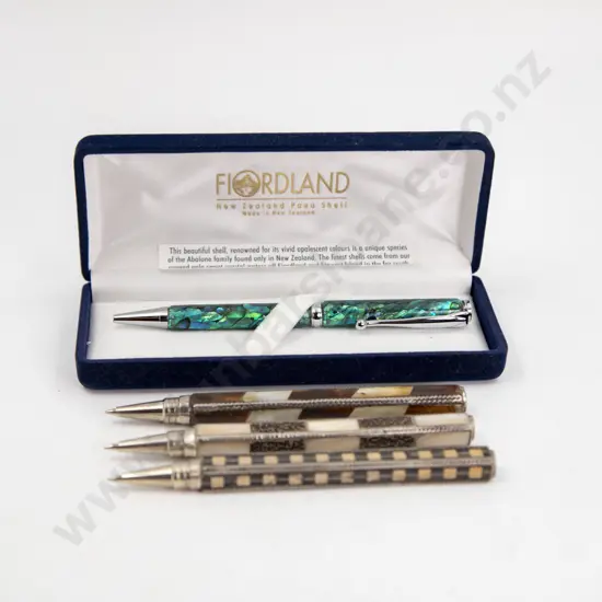 Fiordland Paua Shell Ball-Point Pen and Three Wood and MOP Pens
