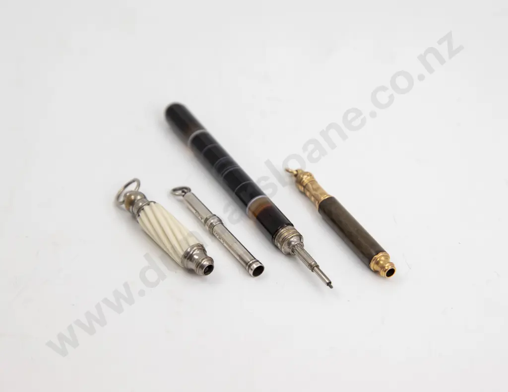 Three Victorian Chatelaine Propelling Pencils and Striated Agate Pencil Image 1++